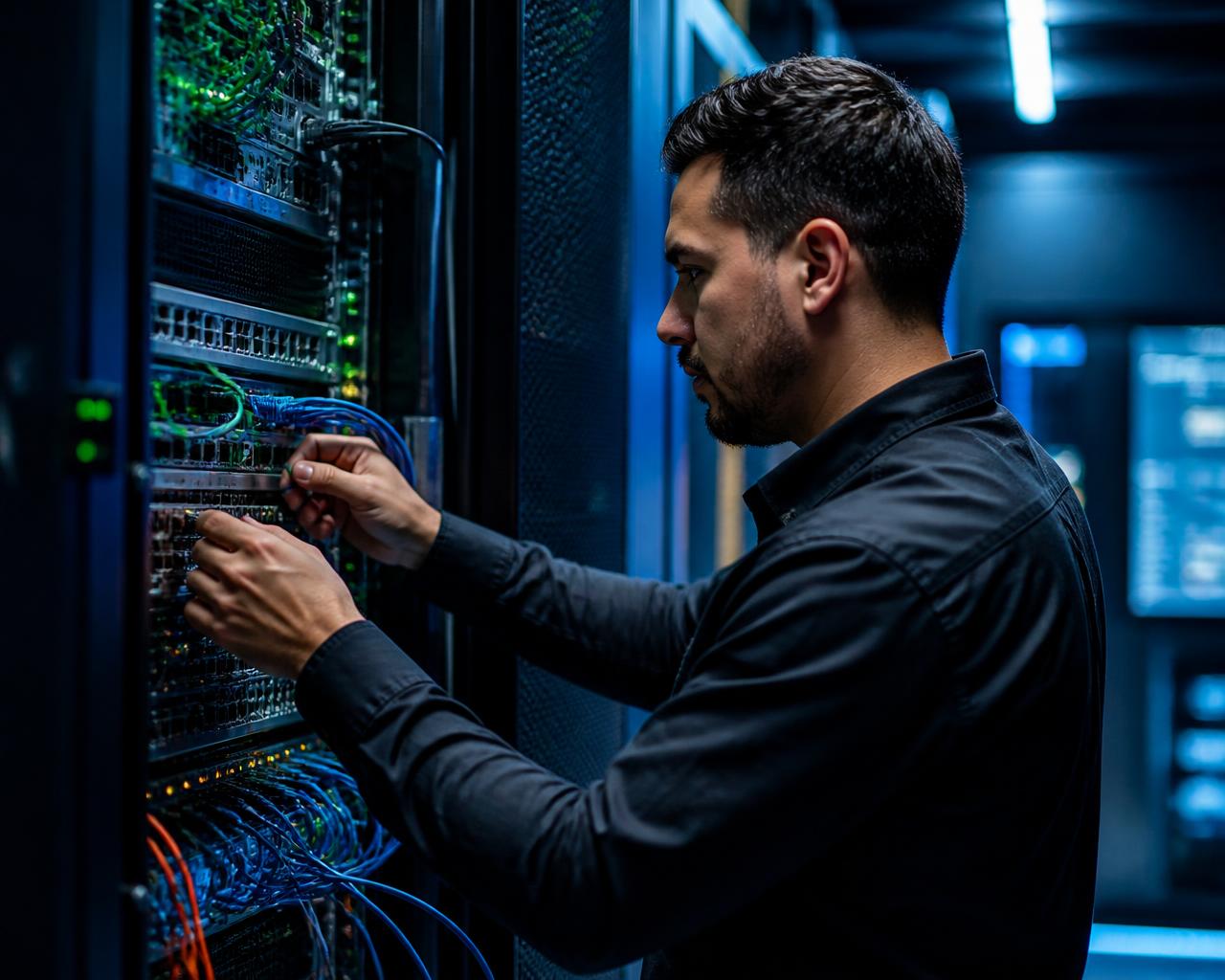 AIS network engineer configuring server rack cabling